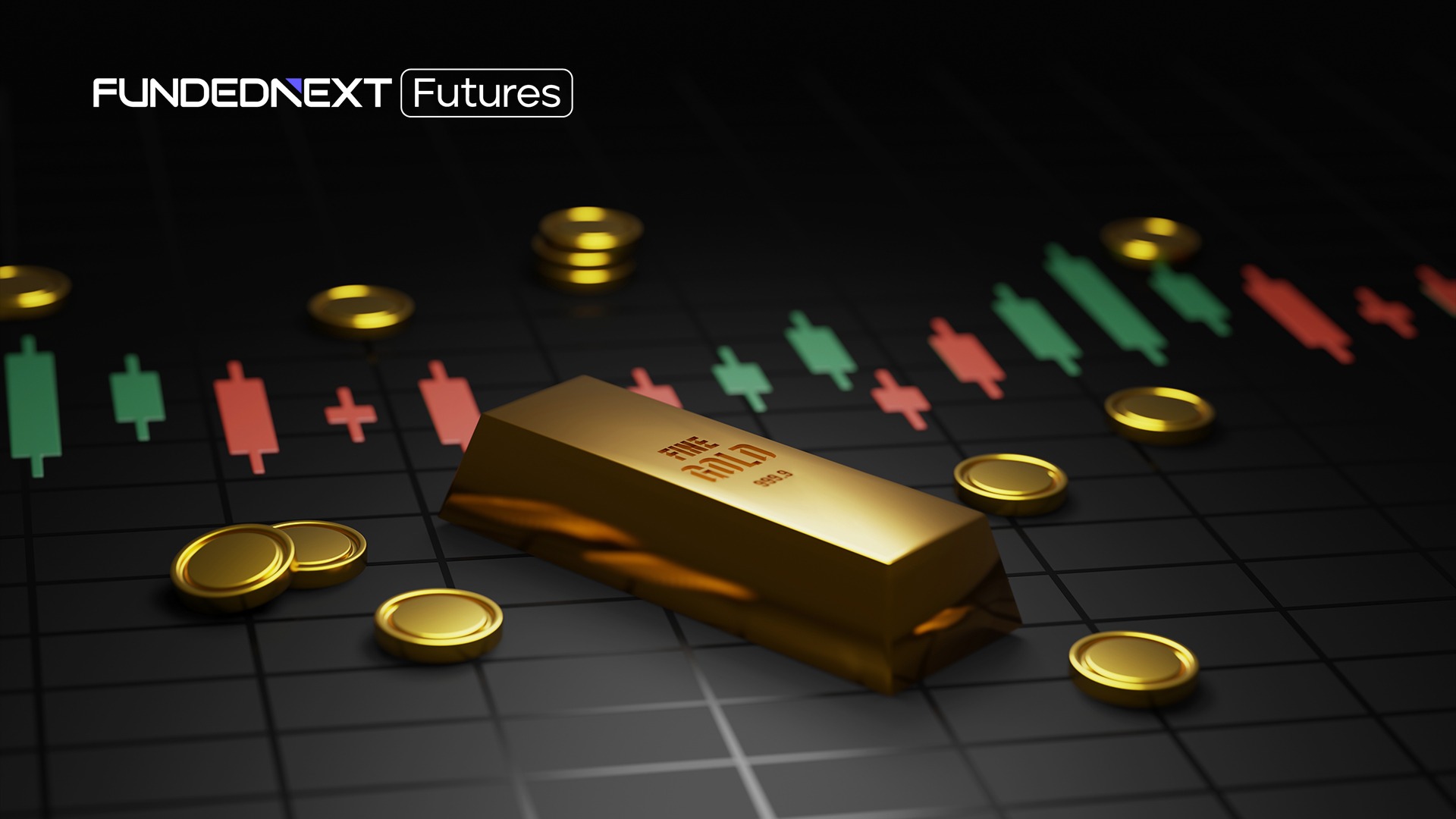 A gold bar and coins on a candlestick trading chart background, symbolizing gold futures trading.