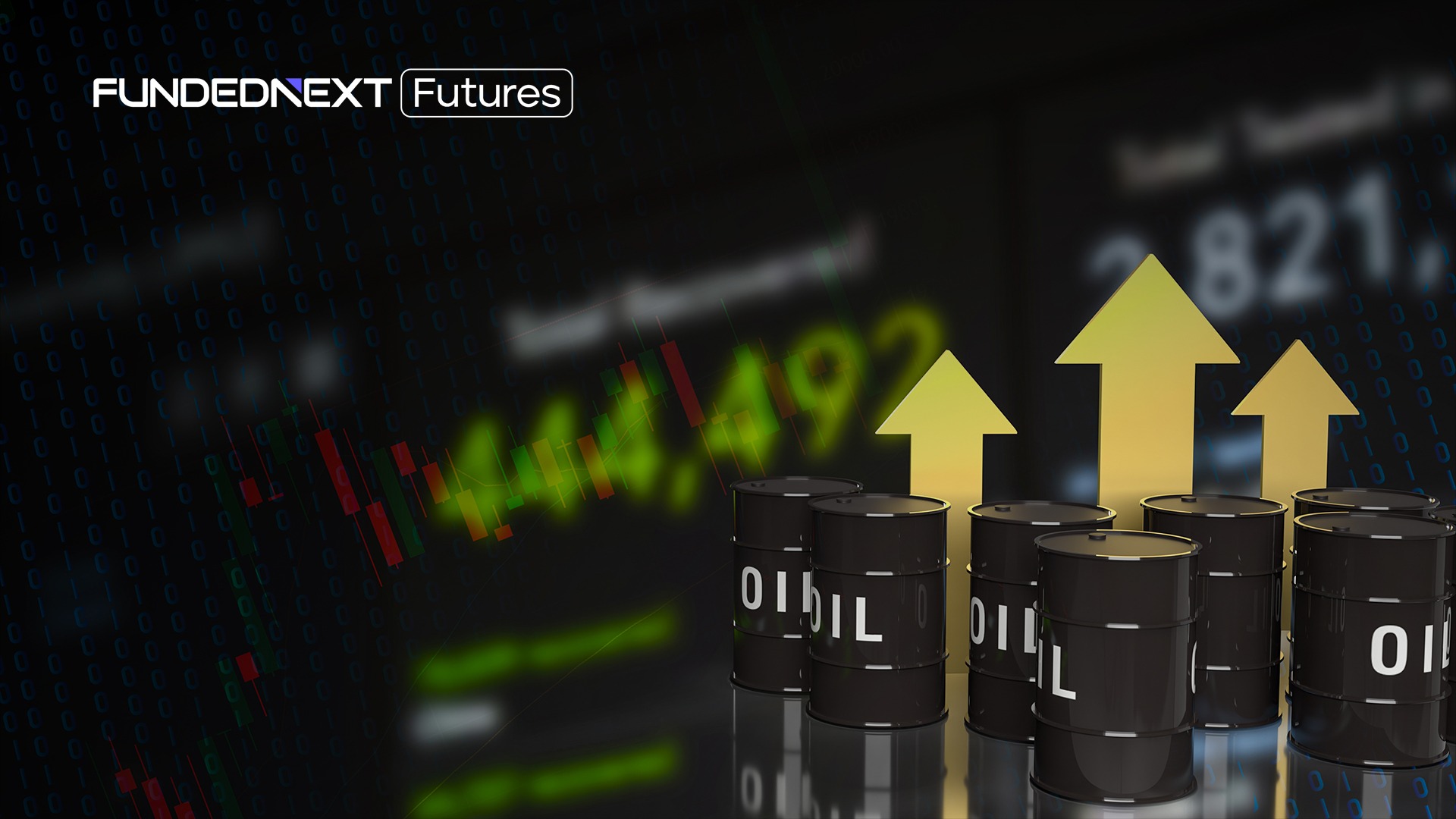 Oil barrels and upward arrows on a digital trading background, representing rising oil futures prices.