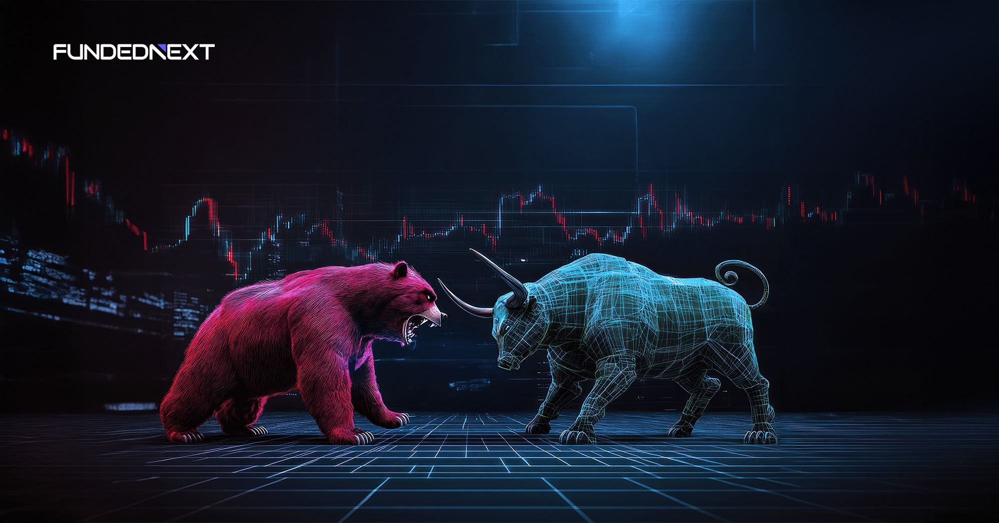 Outlines of a bull and a bear stand in front of a globe and candlestick chart.